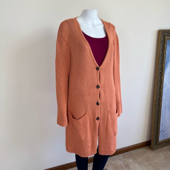 Lafayette 148 Cotton Silk Button Front Long Knit Cardigan Peach Orange Sz L - Picture 15 of 15